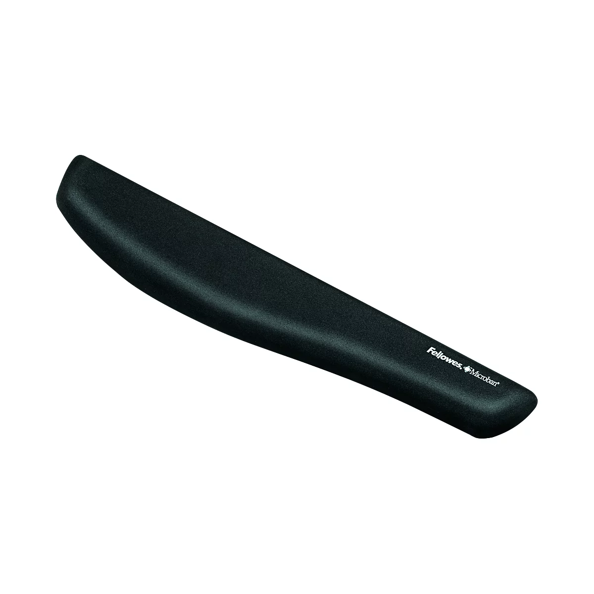Black wrist rest, slightly curved. Fellowes, Microban are visible.