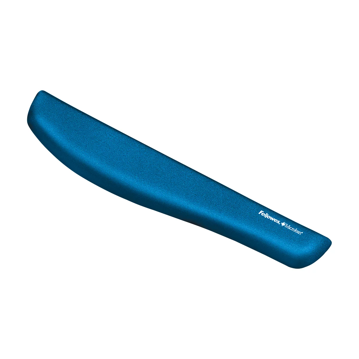 Blue ergonomic wrist rest with Fellowes text. Rounded shape, textured.