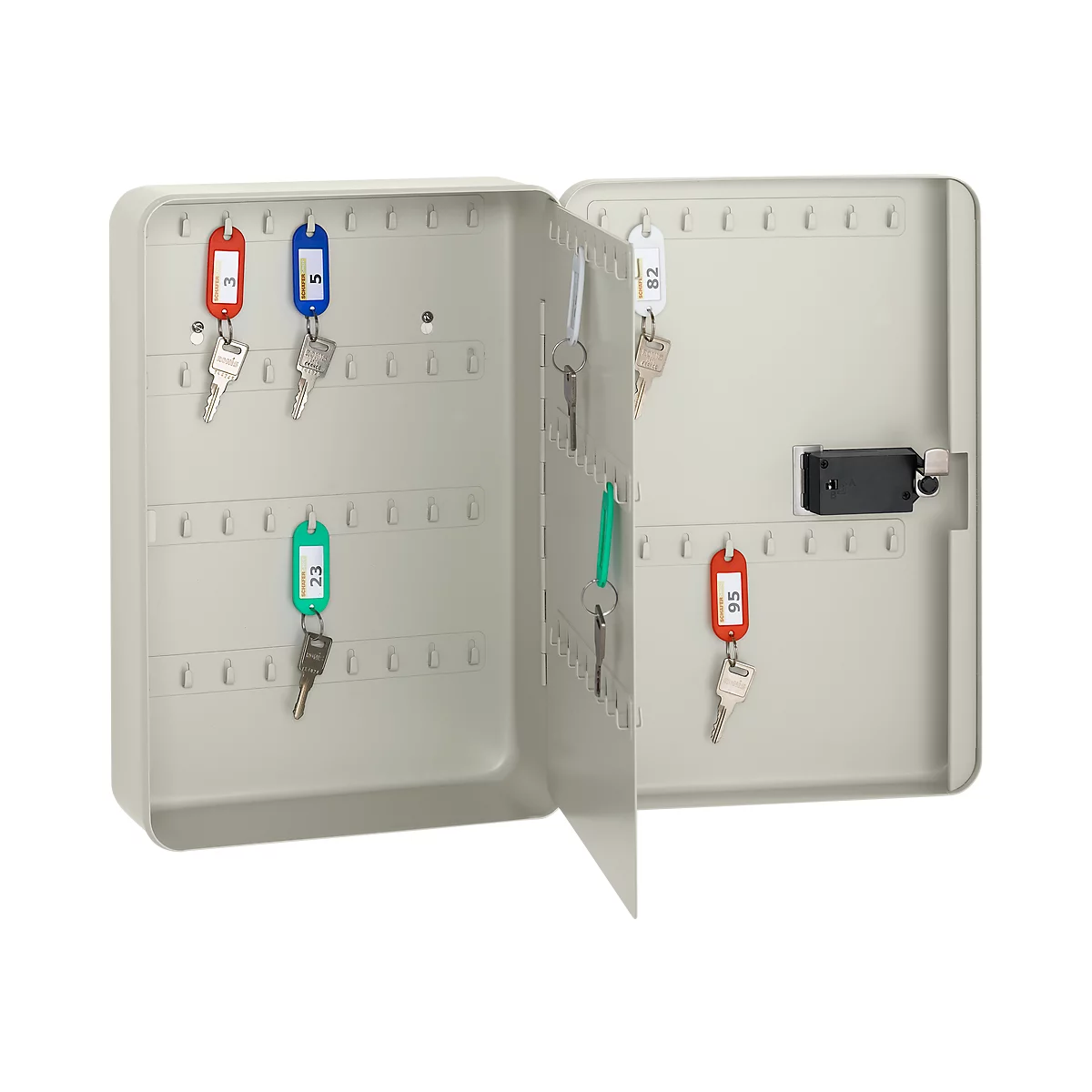 Open gray key cabinet with keys and colored tags.