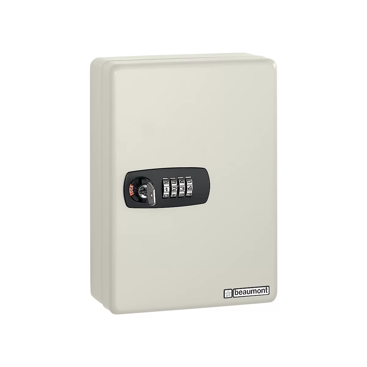 A cream-colored key safe with combination lock and the word "beaumont".