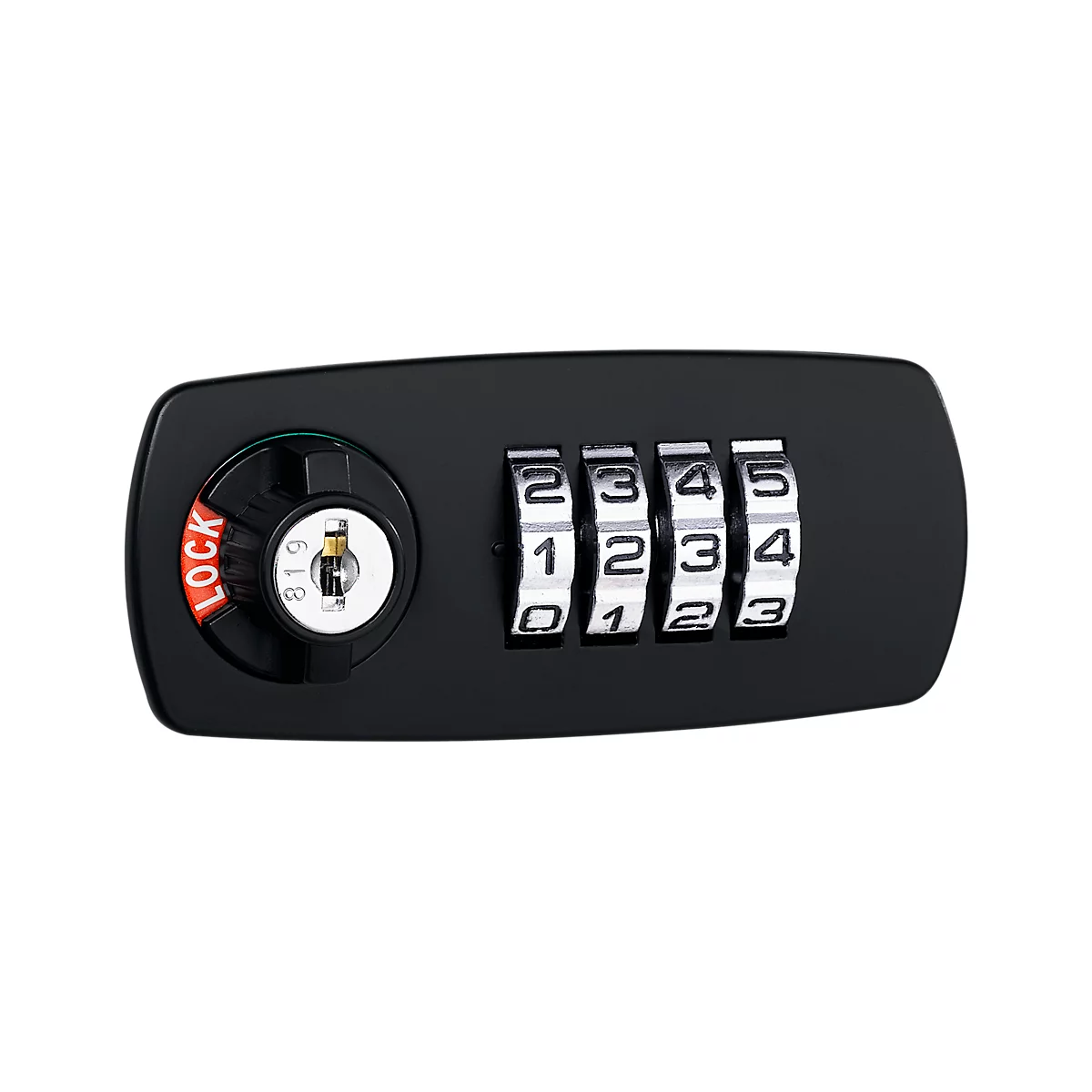 A black combination lock with four digits. The numbers are white on a black background. On the left is a locking mechanism.