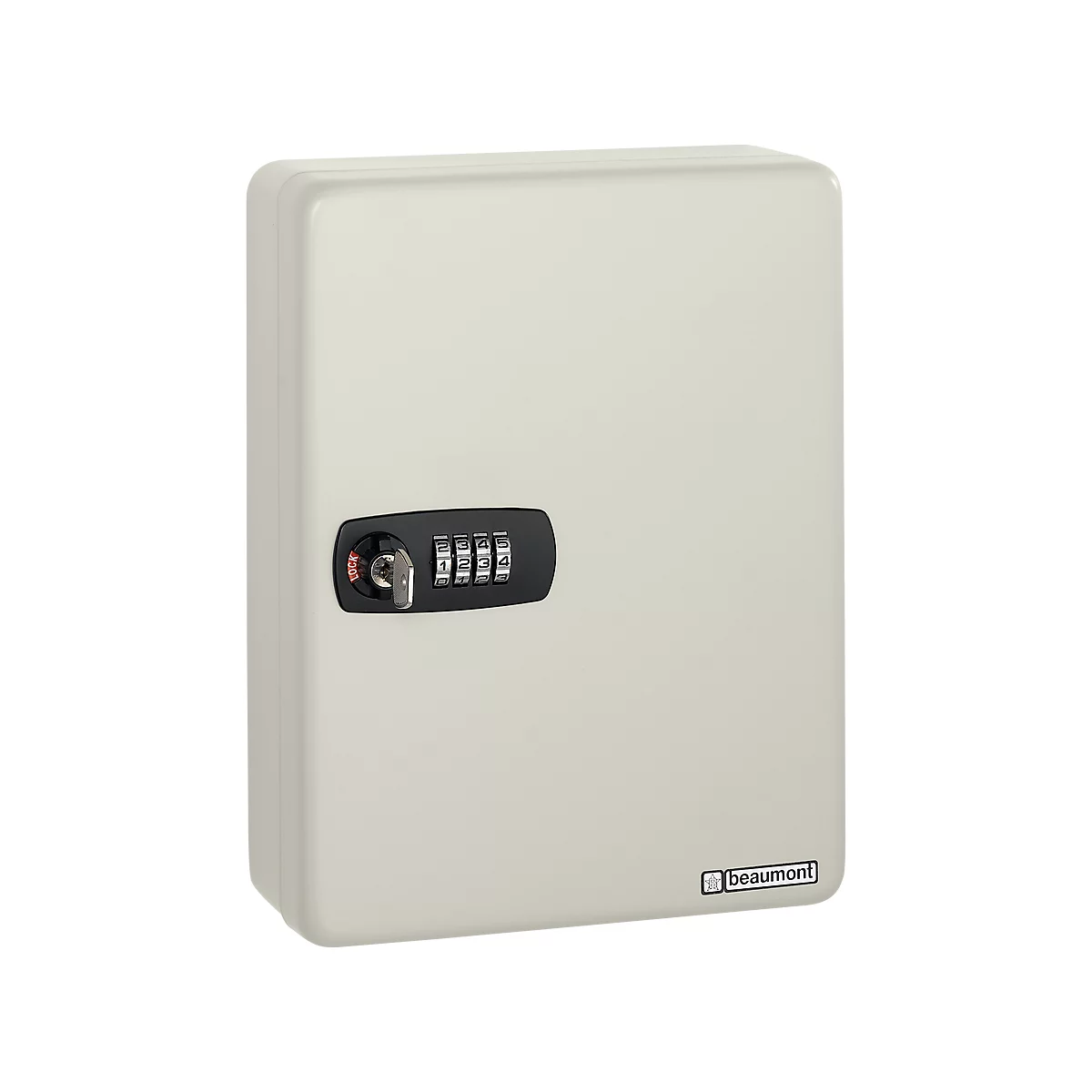 Cream-colored key safe with combination lock and key. The safe has the Beaumont logo.