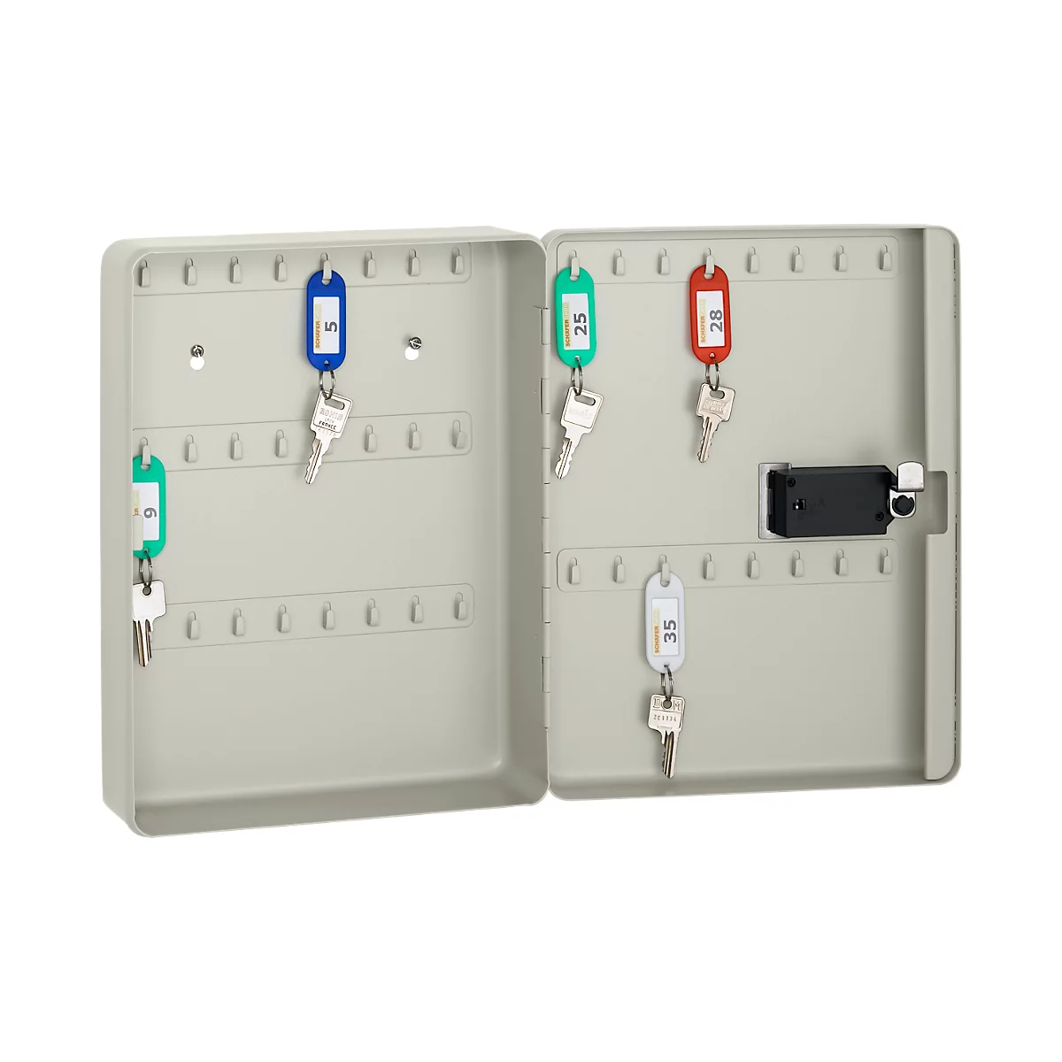 An open grey key cabinet with keys on colored tags.