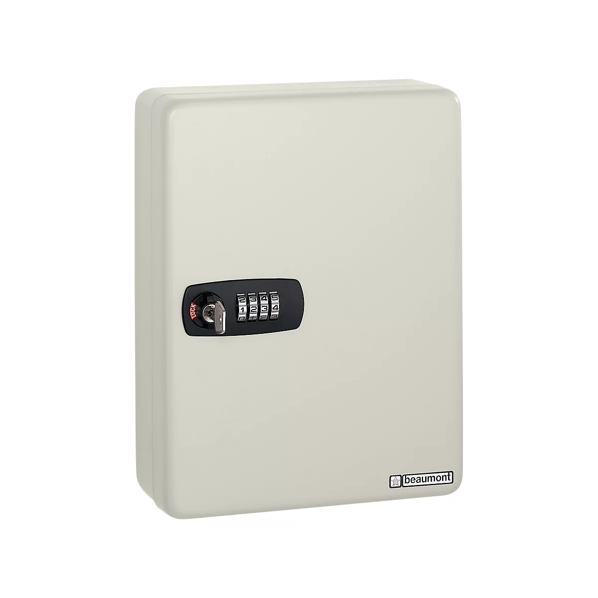 Beige key safe with combination lock and key. The brand name "beaumont" is visible on the safe.