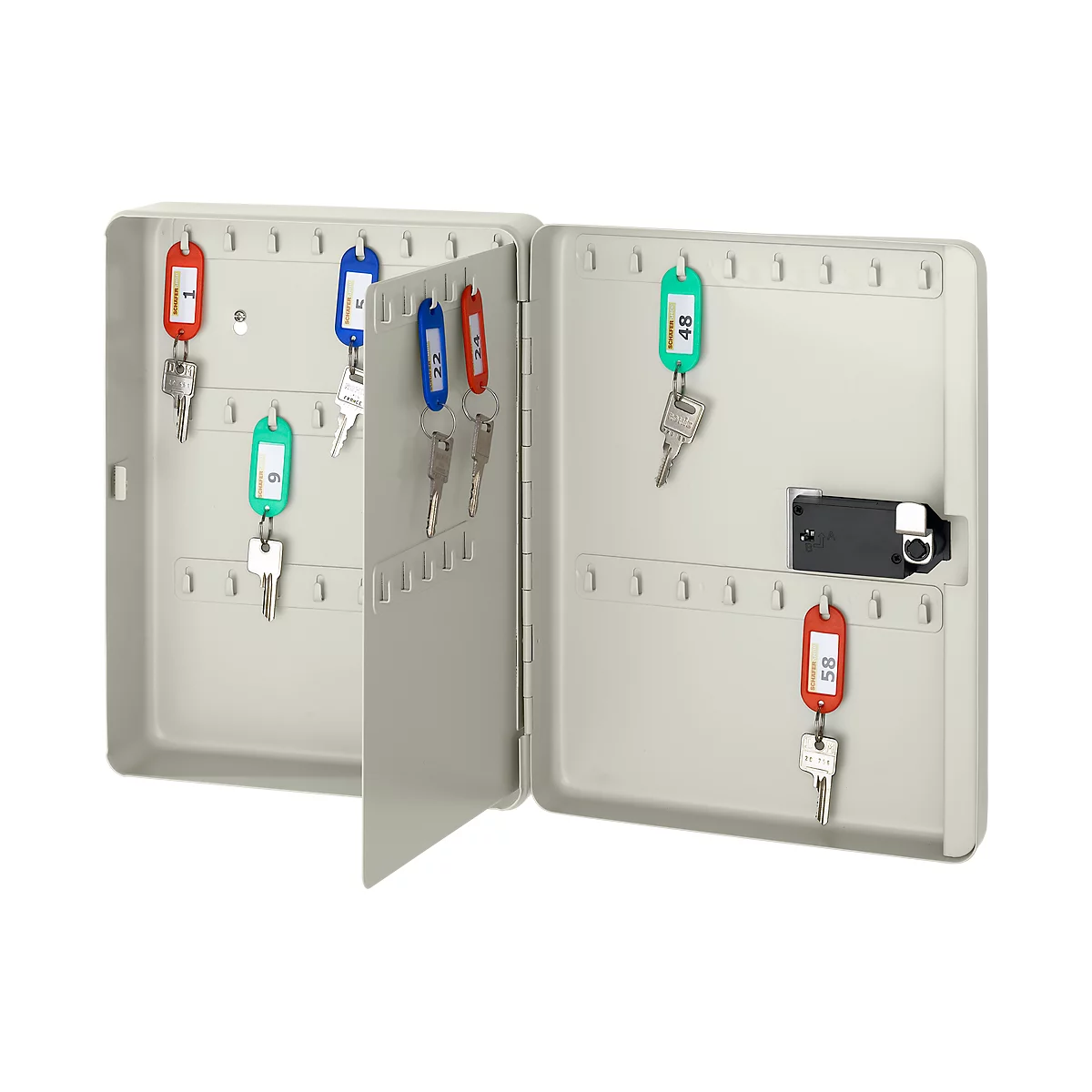 Open, light grey key cabinet with colored key fobs and numbers. A lock is on the right side.