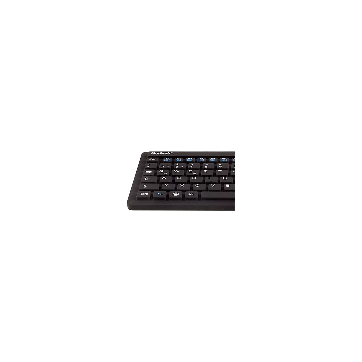 Detailaufnahme einer schwarzen KeySonic-Tastatur mit weiÃŸen Buchstaben und blauen Funktionstasten.