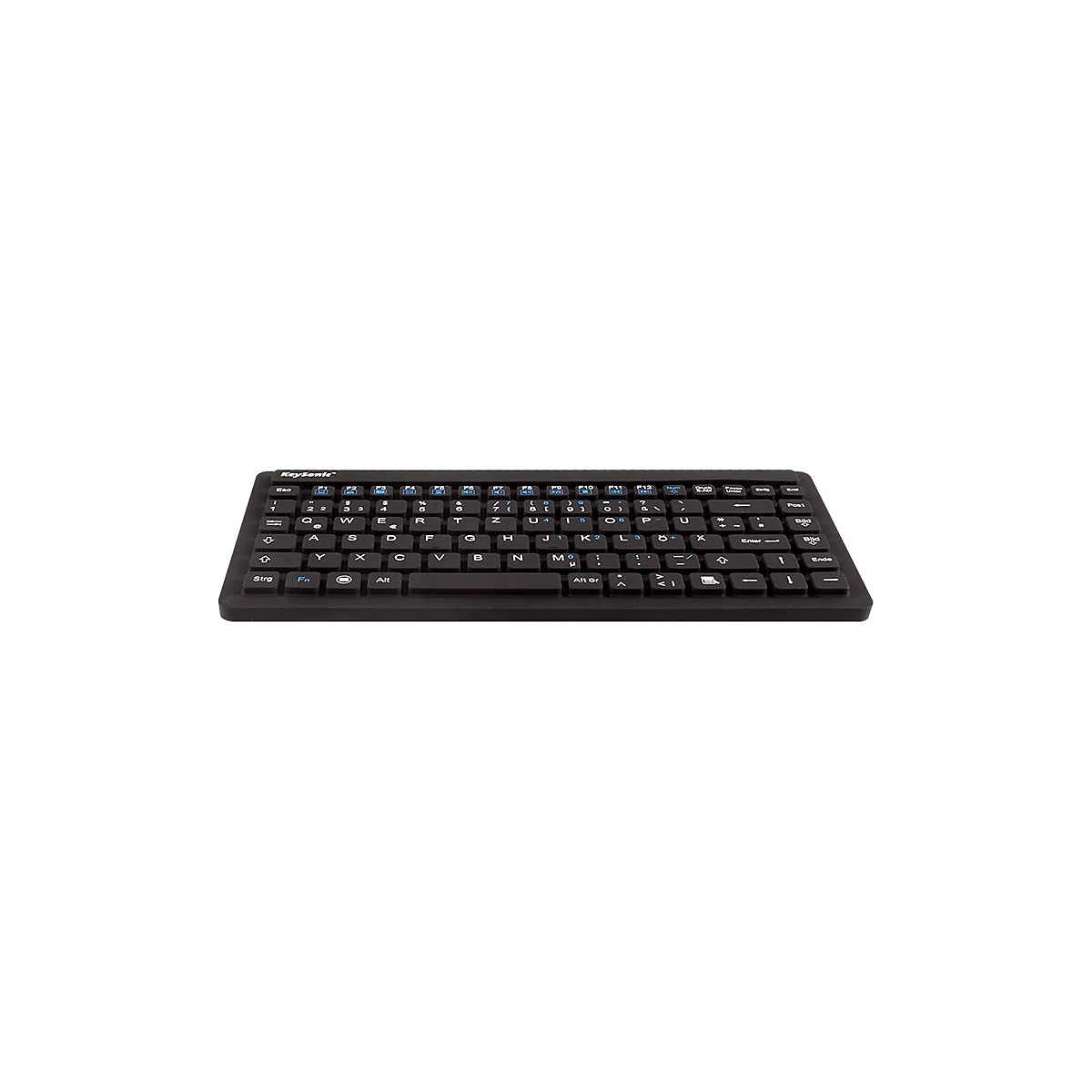 Schwarze flache Tastatur mit weiÃŸen Buchstaben, auf weiÃŸem Hintergrund. Die Tasten in blau.
