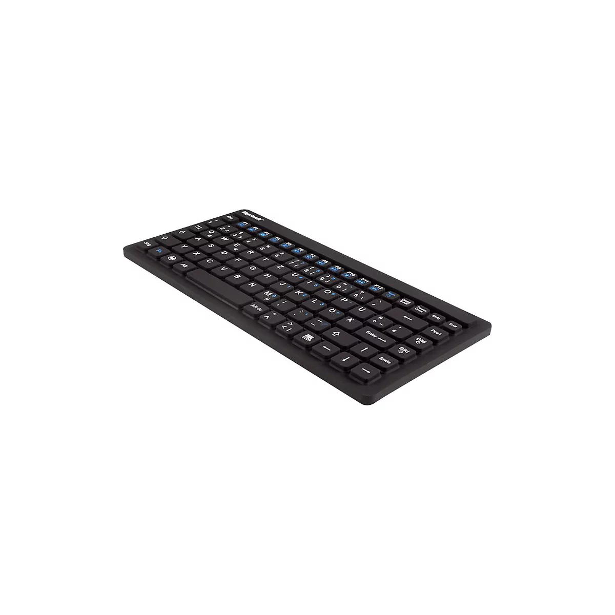 Eine schwarze, flache Tastatur auf weiÃŸem Grund. Die Tasten sind schwarz mit weiÃŸer Beschriftung, einige blau.