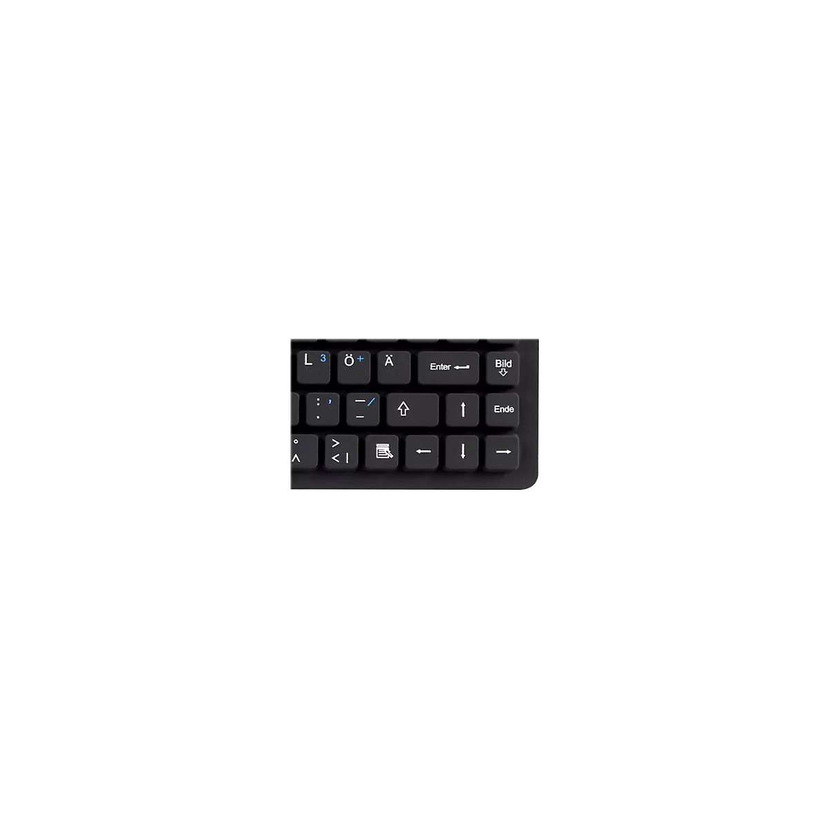 Nahaufnahme einer schwarzen Tastatur mit deutschen Buchstaben und Sonderzeichen.
