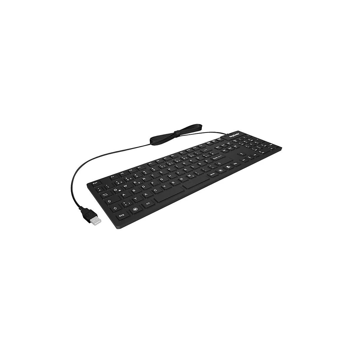 Schwarze Tastatur mit USB-Anschluss, Kabel. Tastenbeschriftung in weiß.