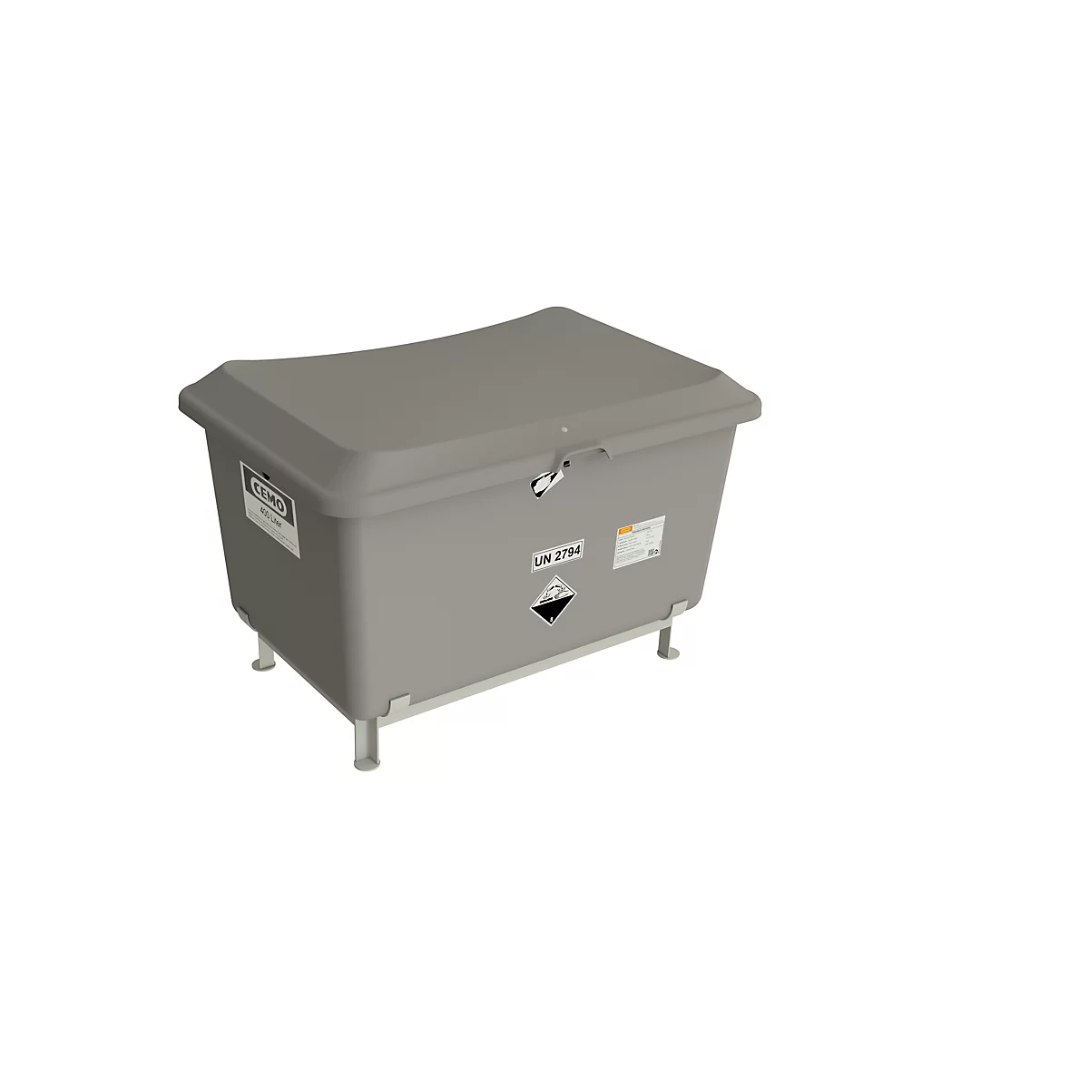Graue Containerbox mit Deckel und Beinen, UN 2794 Aufkleber. Auf weißem Hintergrund.