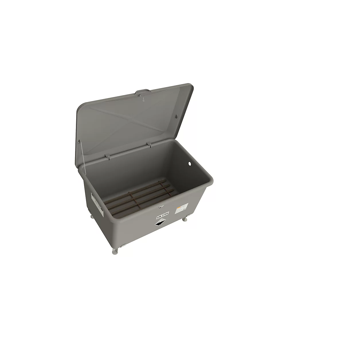 Graue, rechteckige Box mit offenem Deckel. Innen sind Querstreben zu sehen.