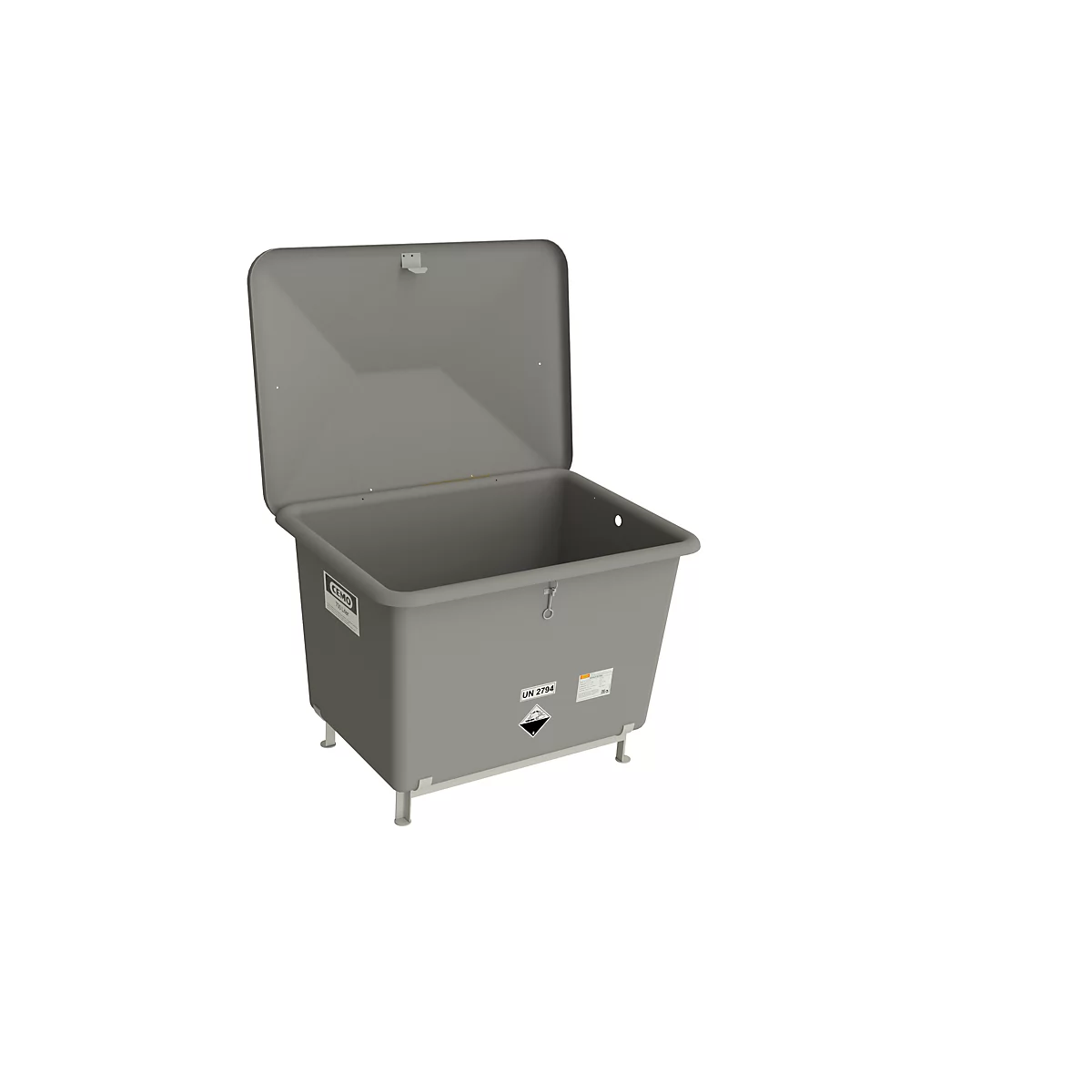 Graue, eckige Box mit geöffnetem Deckel, auf Metallbeinen. Auf der Box sind Symbole angebracht.