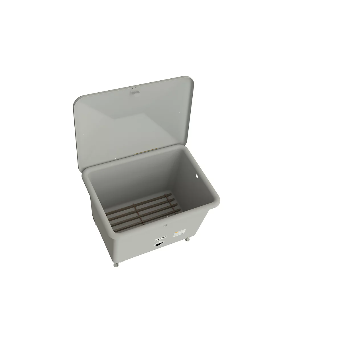 Hellgraue Waschbox, Deckel geöffnet, mit Gitter am Boden.