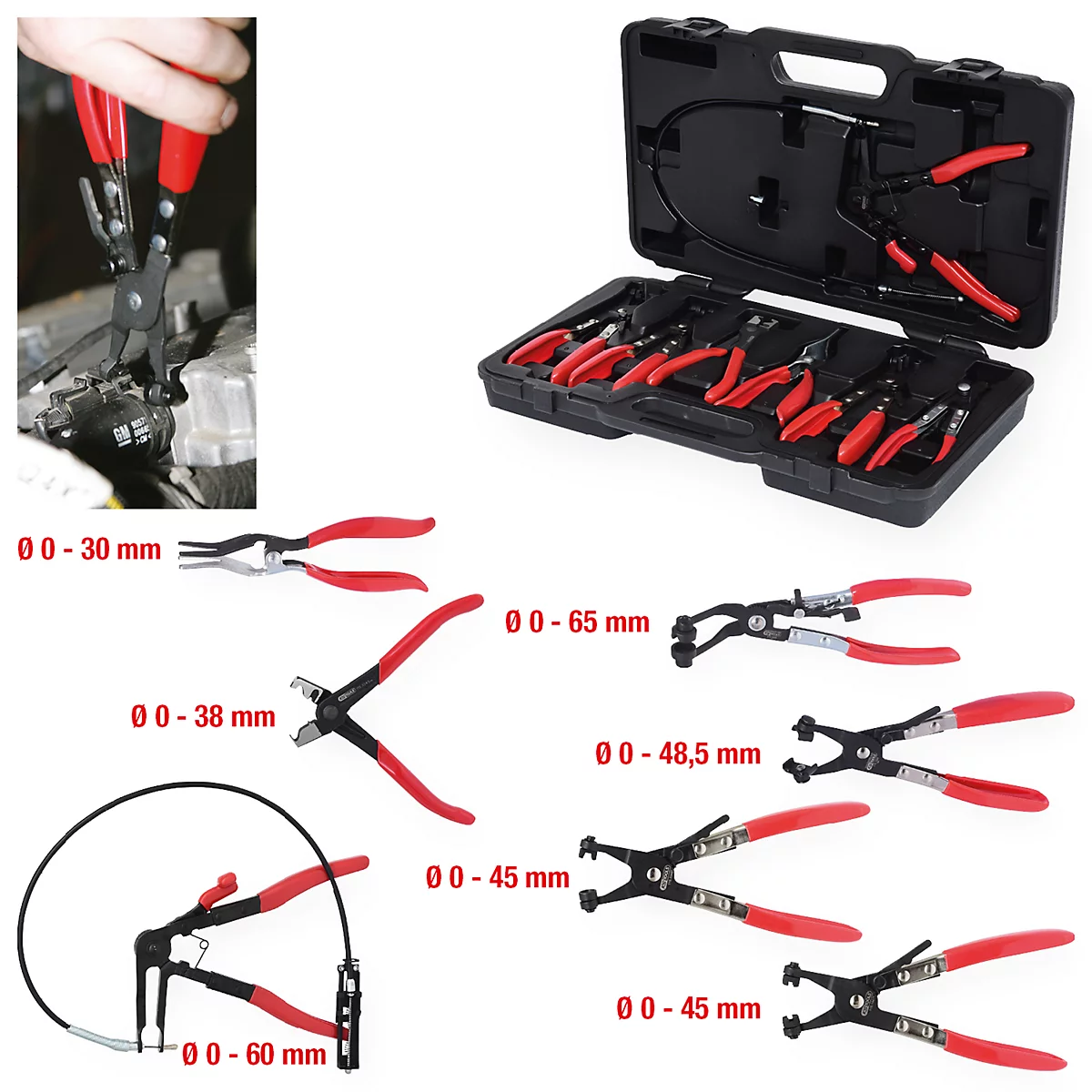 Ein Satz roter und schwarzer Zangen in einem schwarzen Koffer. Verschiedene Zangen sind einzeln gezeigt.