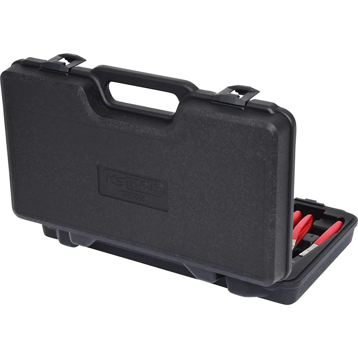 Schwarzer Werkzeugkoffer mit KS TOOLS Logo, teilweise geöffnet mit rotem Werkzeug.