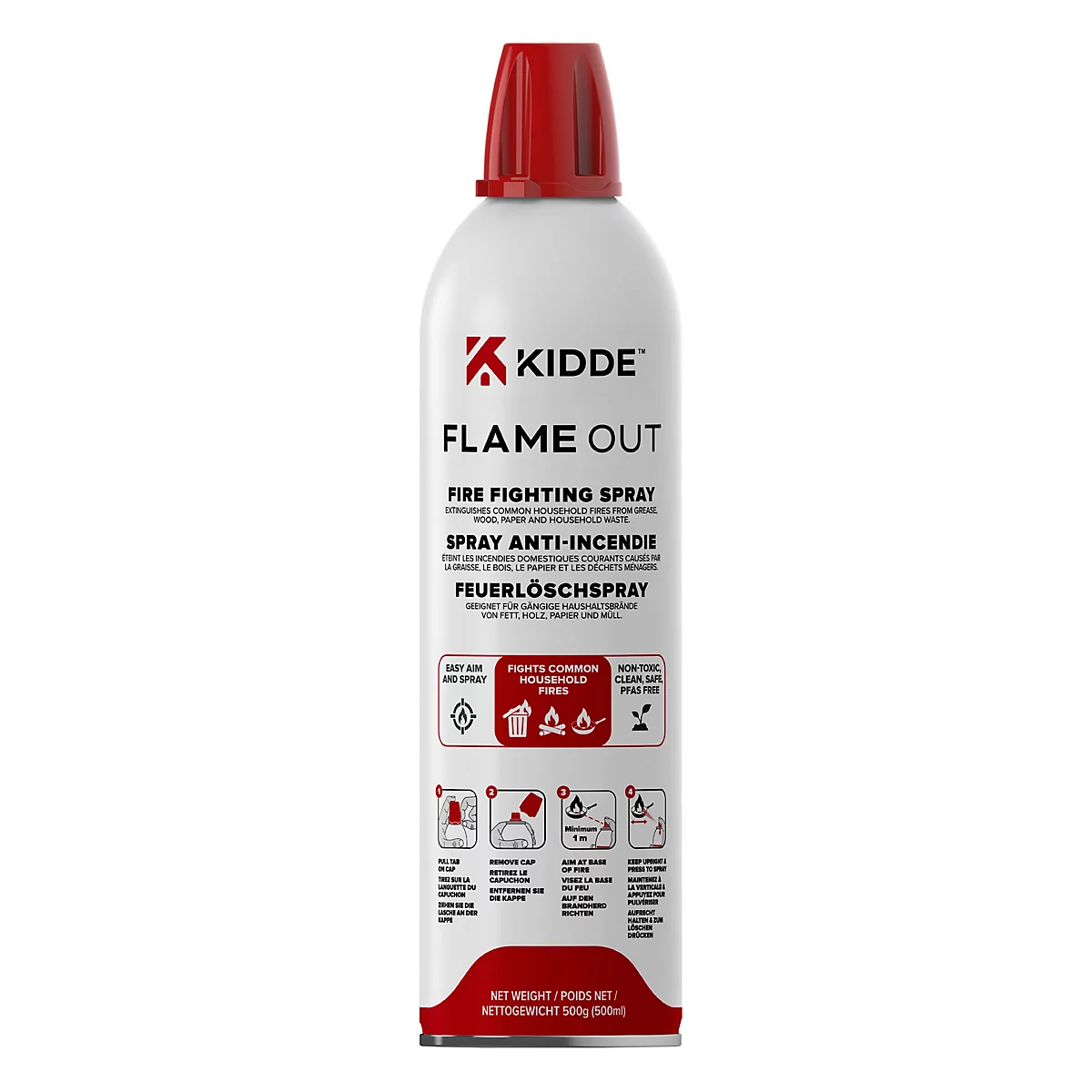Weiße Kidde Feuerlöschspray-Dose mit roter Kappe und mehrsprachiger Beschriftung vor neutralem Hintergrund.