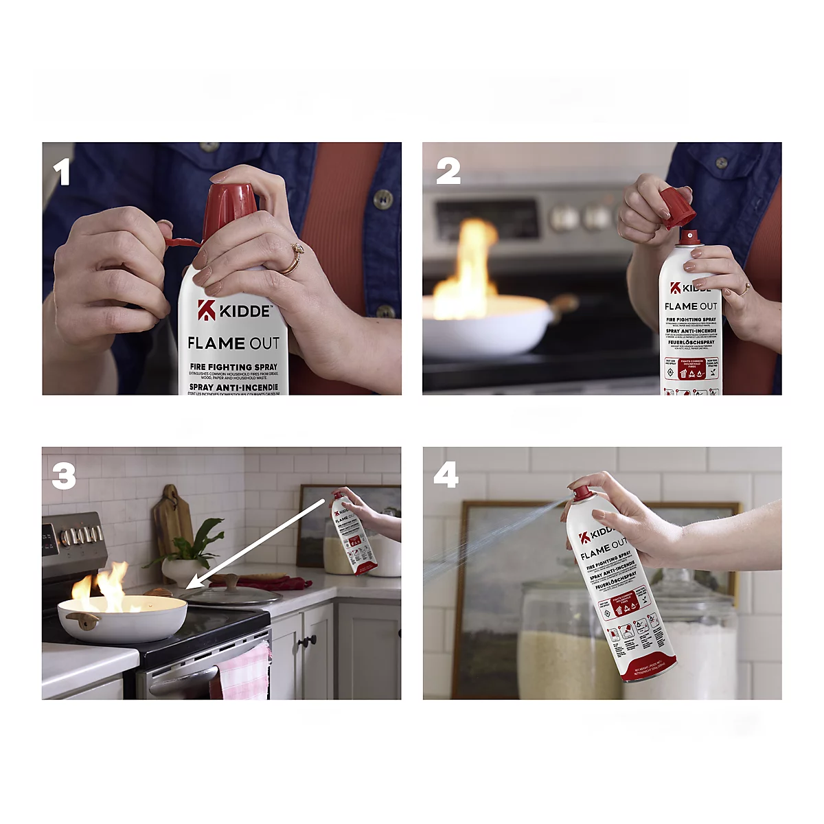 Anleitung in vier Schritten zur Anwendung des Kidde Flame Out Feuerlöschsprays in einer Küche.