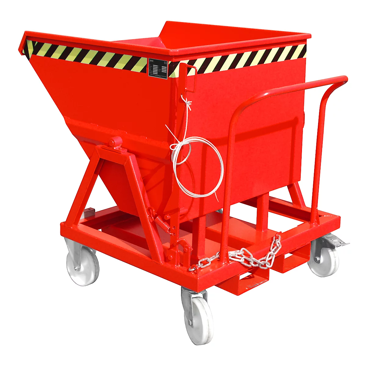 Kiepbak Bauer KS 400, staal, rood, B 1220 x D 1200 x H 1115 mm, 400 l, tot 1000 kg, looprollen, handmatige kiepinrichting