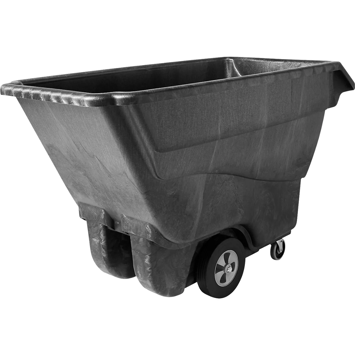 Zwarte kruiwagen met wielen. Het heeft een rechthoekige vorm met afgeronde zijkanten en een handvat aan de bovenkant.