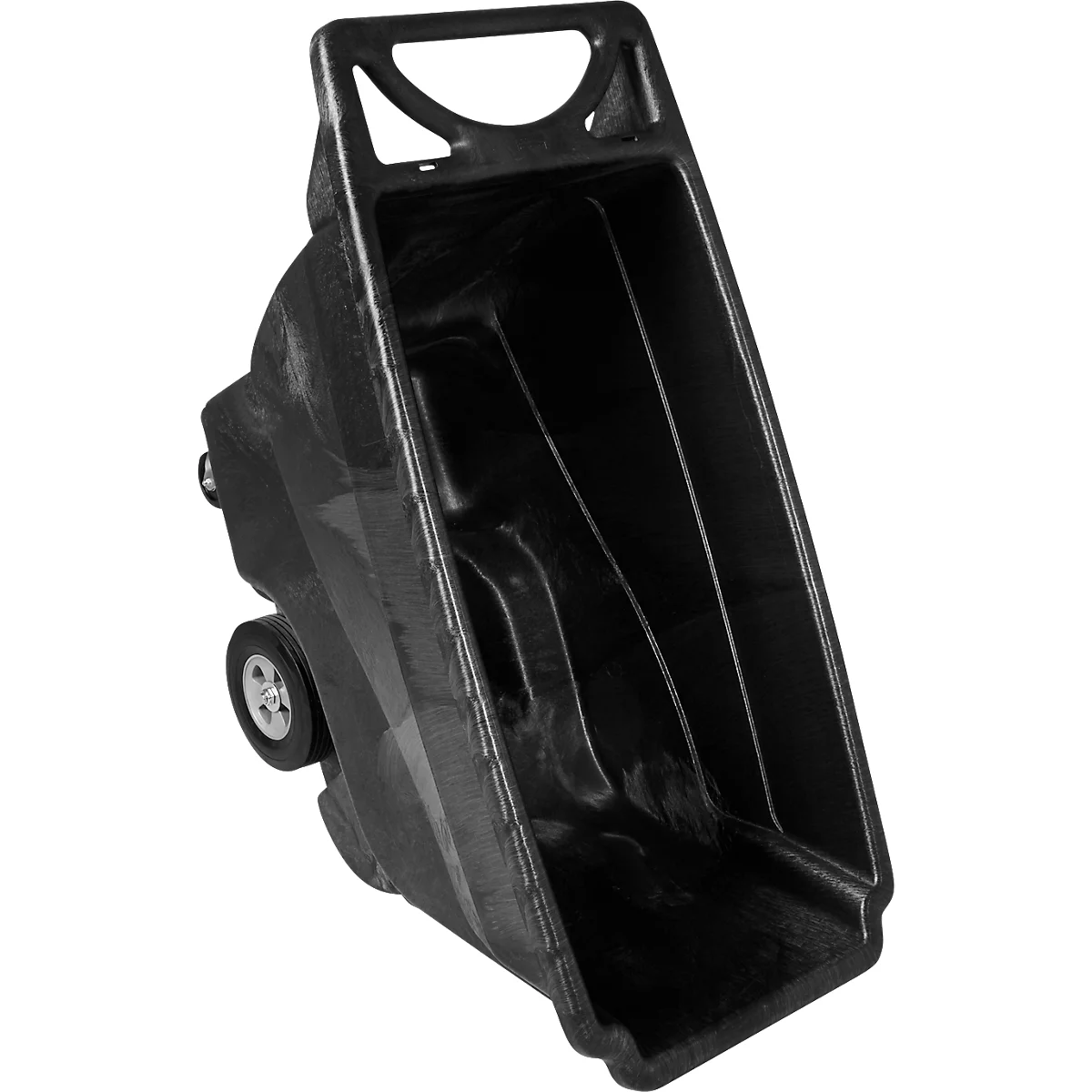 Zwarte afvalwagen met grote wielen, gekantelde bak en handvat.