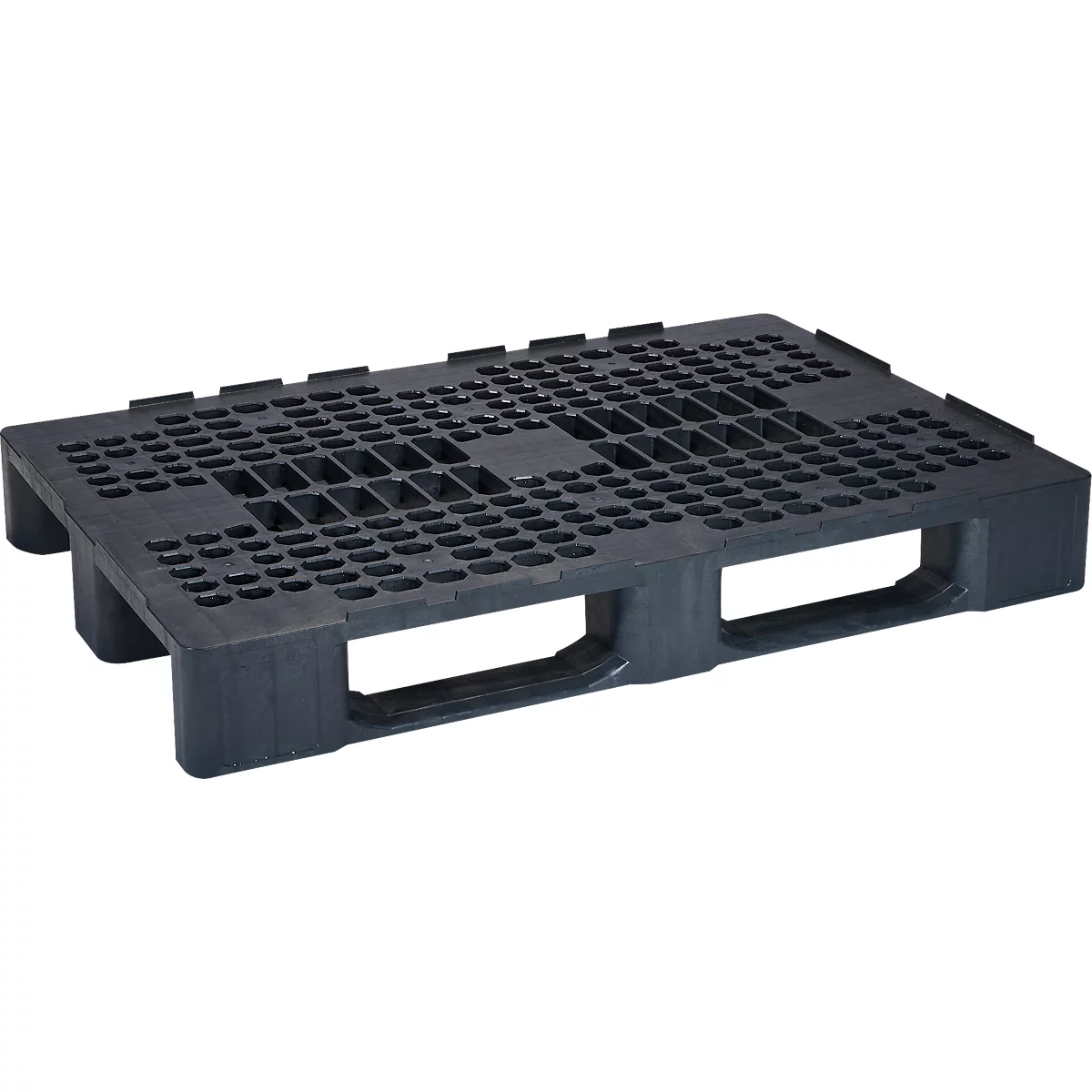 Schwarze Kunststoffpalette mit rechteckigen Aussparungen. Sie hat Löcher und Öffnungen.