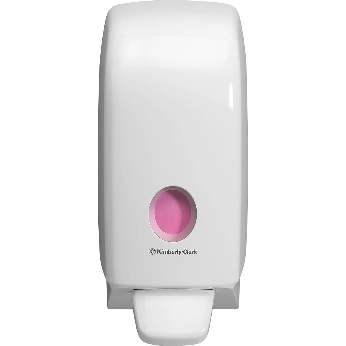 White soap dispenser with pink soap in the dispenser window. Kimberly-Clark logo at the bottom.