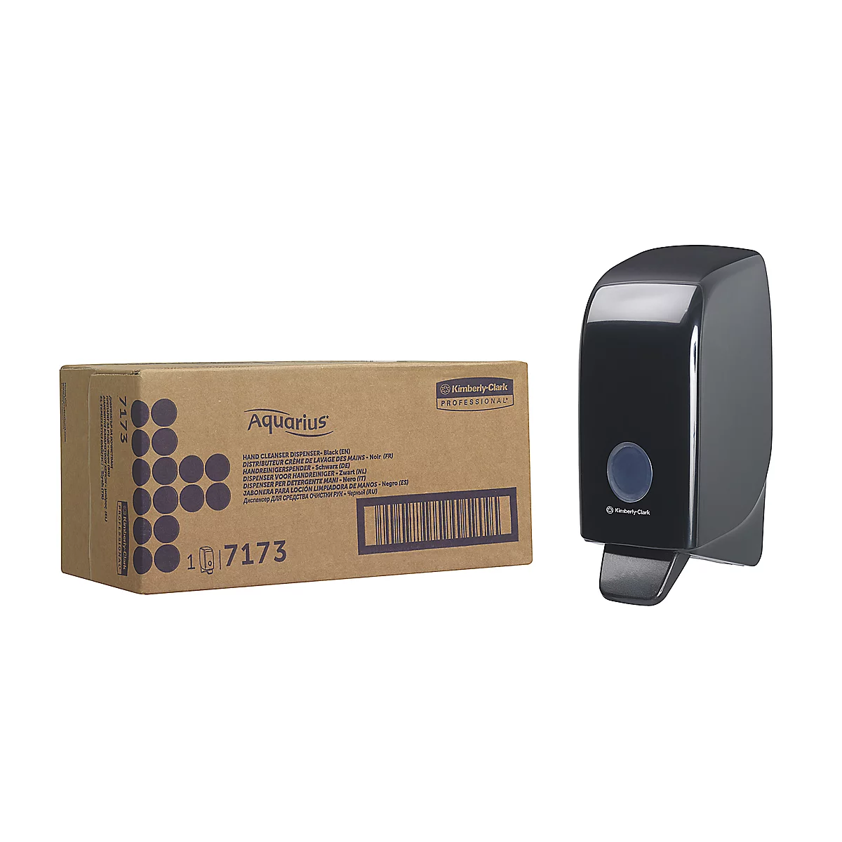 A black soap dispenser next to a box labeled "Aquarius".