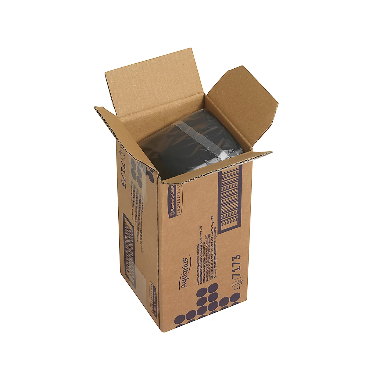 Cardboard box with black content partially visible. The box is open.
