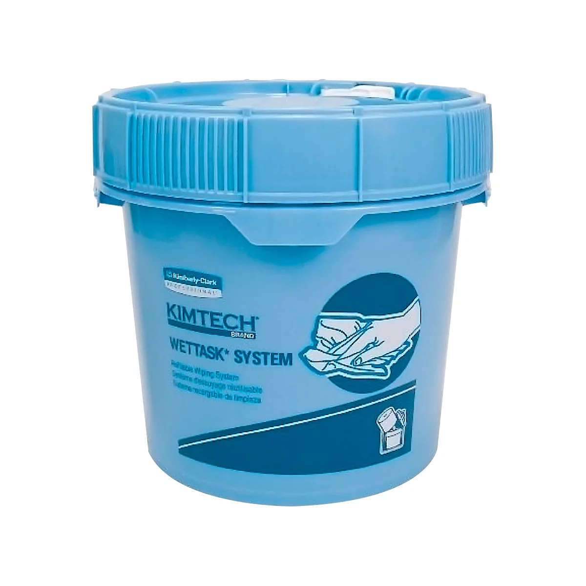 Blauwe emmer met deksel, opdruk: Kimtech Wettask System, illustratie van handen die een doek vasthouden.