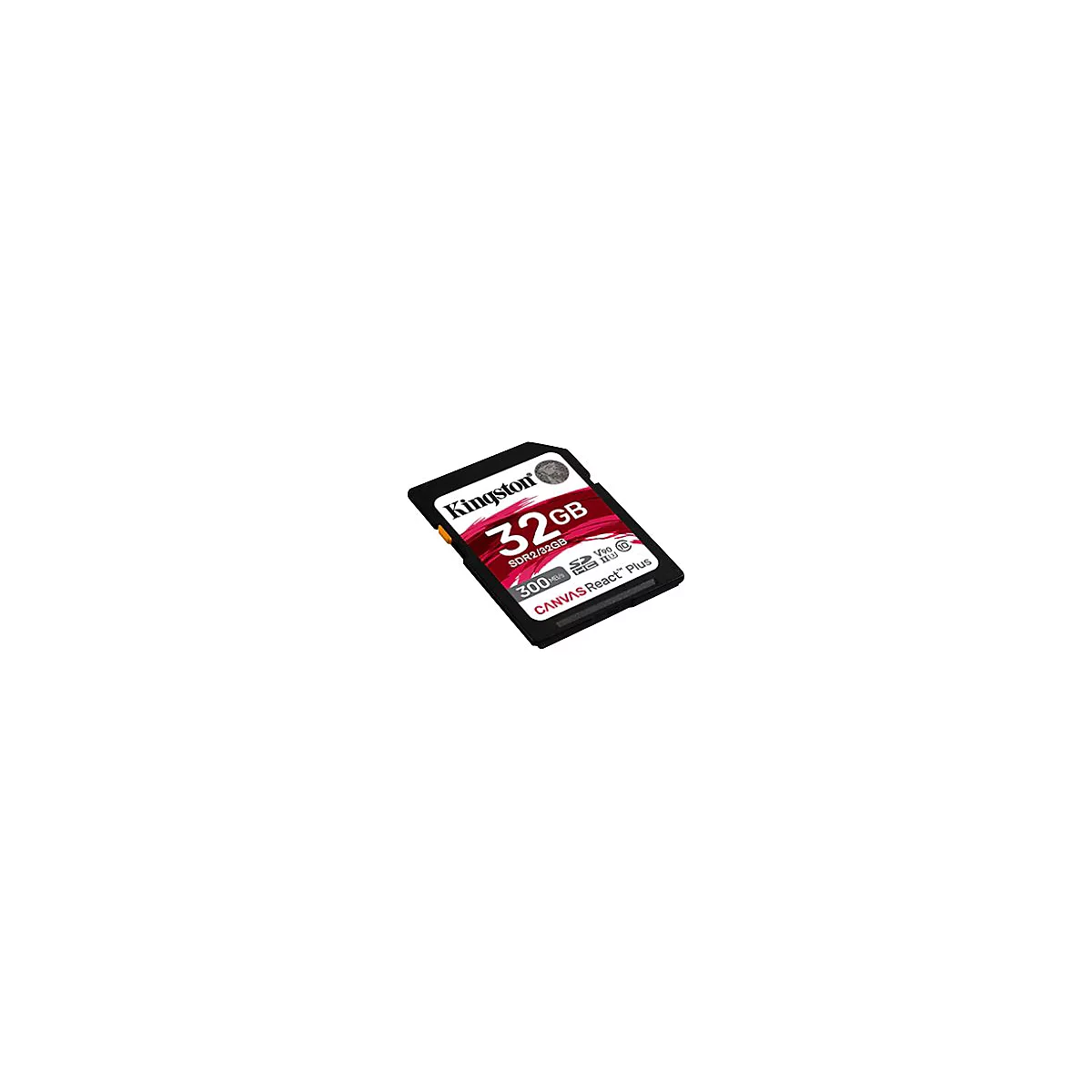 Carte SD Kingston noire avec 32 Go de stockage, design rouge et texte CANVAS React Plus.