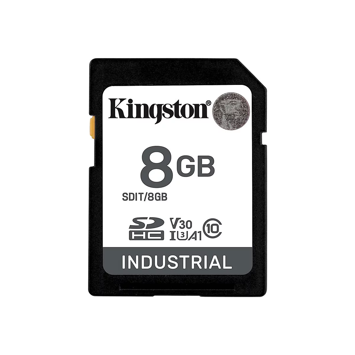 Carte SD Kingston noire avec 8 Go de stockage, texte SDIT/8 Go, V30, I3 A1, INDUSTRIAL.