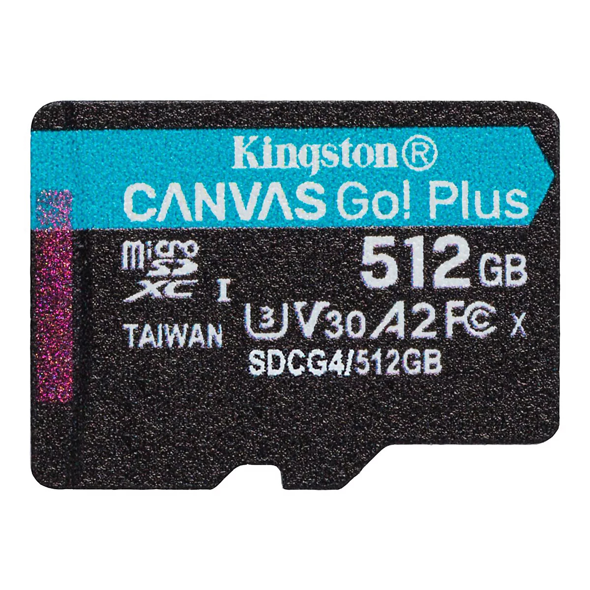 Eine schwarze Kingston Canvas Go! Plus MicroSD-Karte mit weißer Schrift, 512 GB Kapazität.