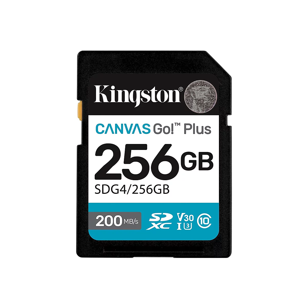 Schwarze SD-Karte mit weißem Kingston-Logo und blauen Akzenten. Aufgedruckt: 256GB, CANVAS Go! Plus, SDG4. Details: 200 MB/s, V30, XC I3.