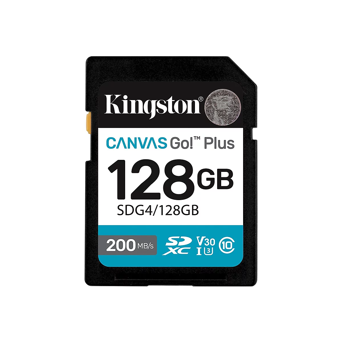 Schwarze Kingston SD-Karte mit weißer Schrift: CANVAS Go! Plus 128 GB. Darunter 200 MB/s, V30 und ein 10-Symbol.