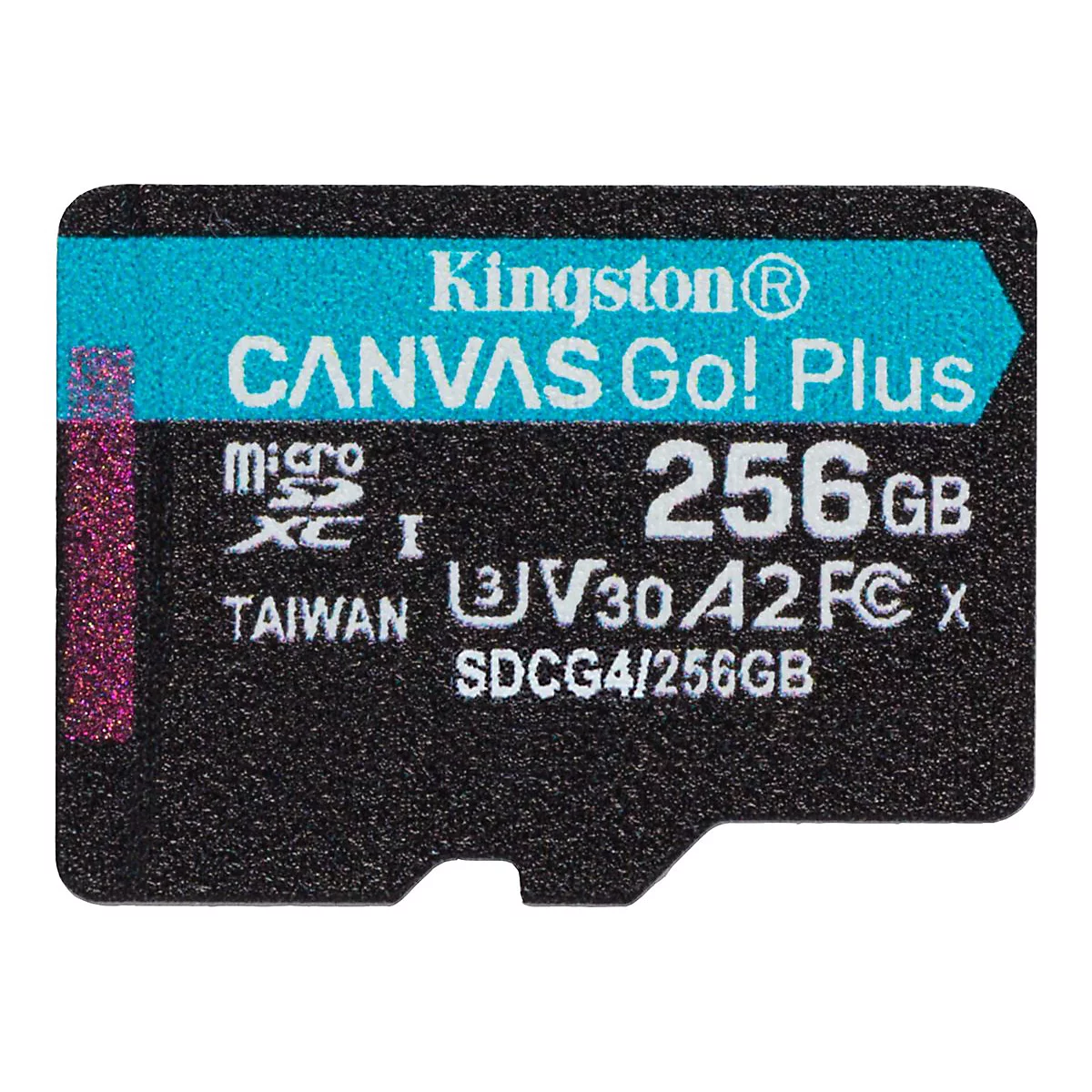 Nahaufnahme einer schwarzen Micro-SD-Karte mit weißer Schrift. Der Text lautet: Kingston, Canvas Go! Plus, 256 GB.