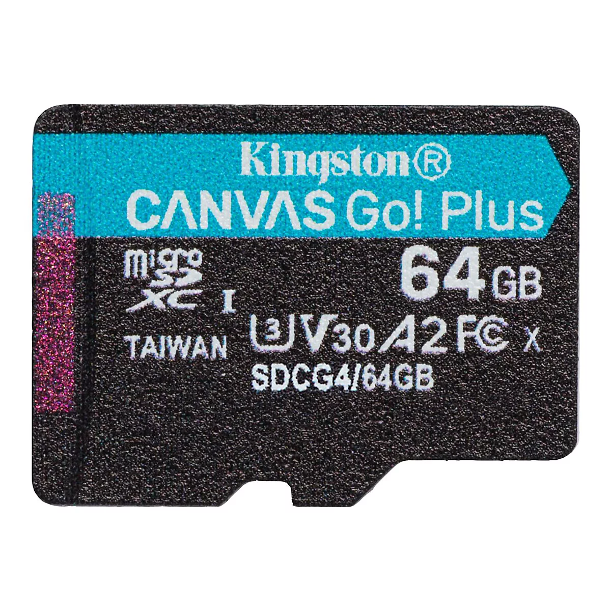Nahaufnahme einer schwarzen SD-Karte mit blauer Schrift, Kingston Canvas Go! Plus, 64 GB.