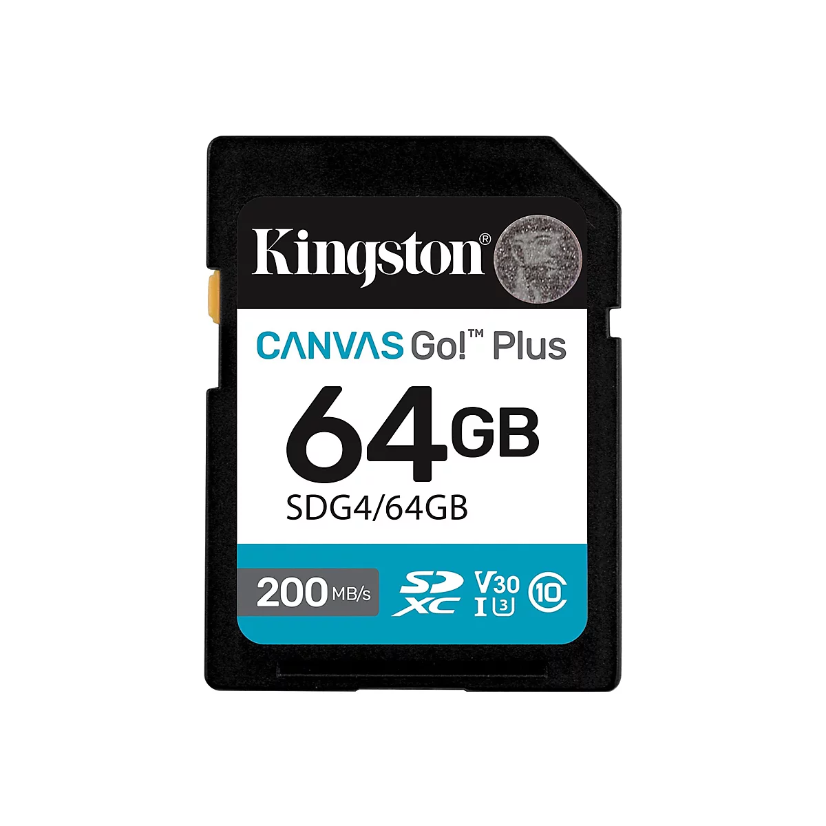 Schwarze Kingston SD-Karte mit weißem Schriftzug, 64GB. Aufgedruckt sind Logos und Angaben zur Geschwindigkeit.
