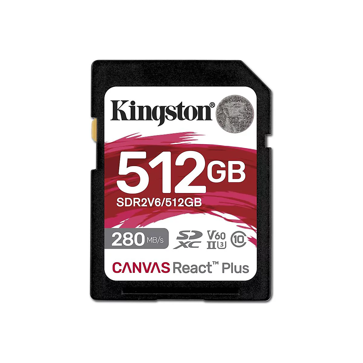 Eine schwarze SD-Karte der Marke Kingston. Sie zeigt eine Kapazität von 512 GB und Geschwindigkeitsangaben.