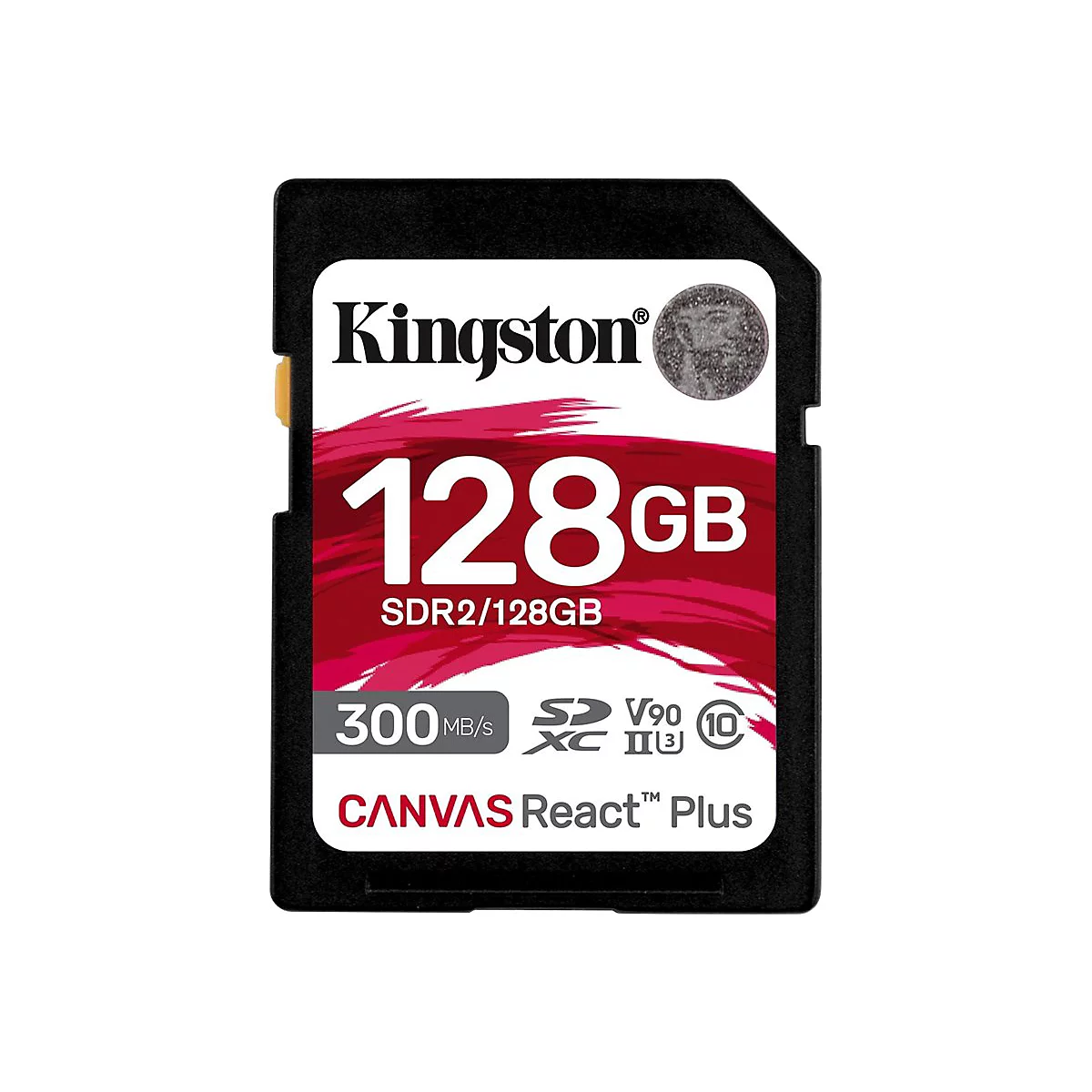 Schwarze Kingston SD-Karte mit rotem Hintergrund, 128 GB Kapazität und Text wie 'CANVAS React Plus'.