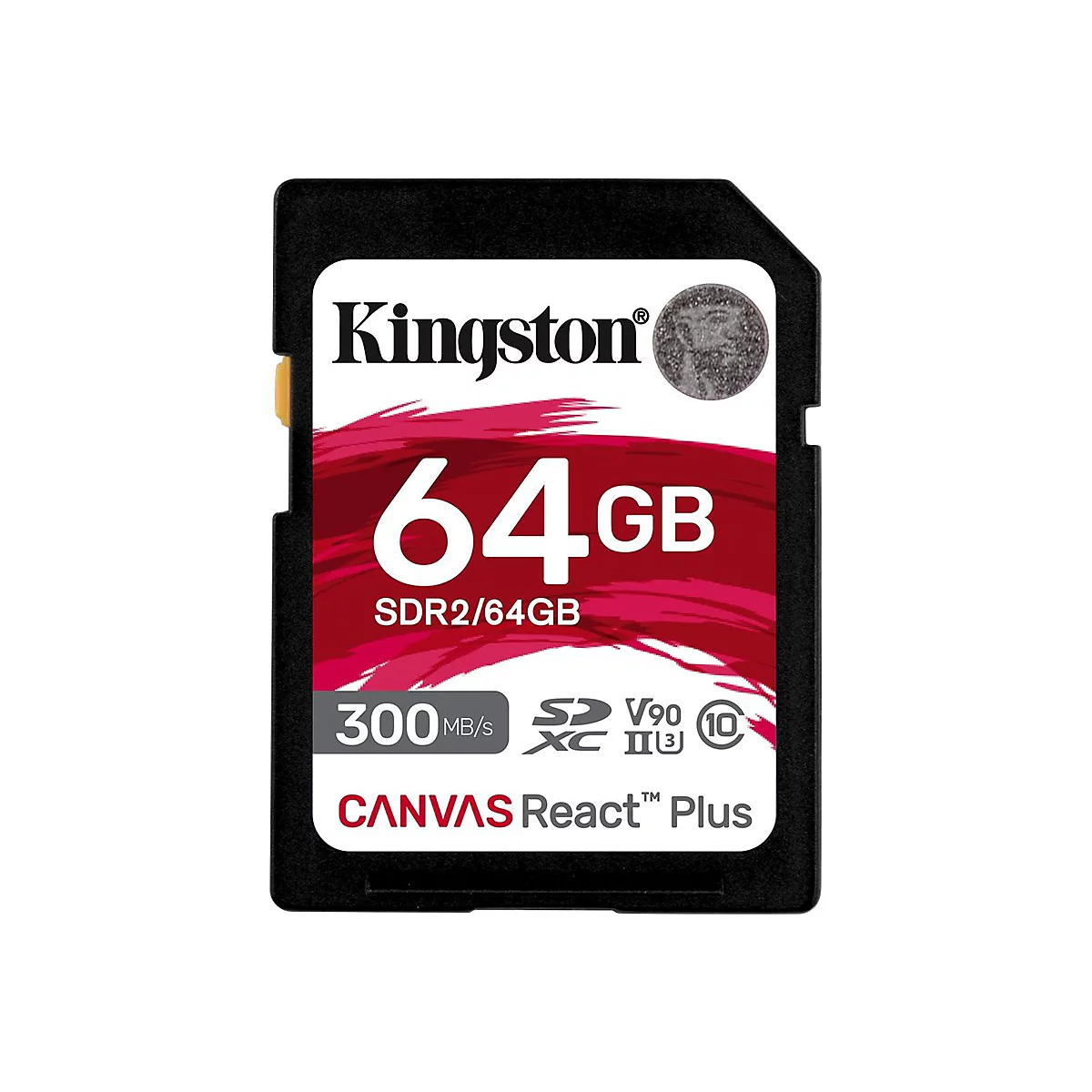 Schwarze SD-Karte der Marke Kingston. Auf rotem Hintergrund sind weiße Schriftzüge zu sehen, darunter 64 GB und CANVAS React Plus.