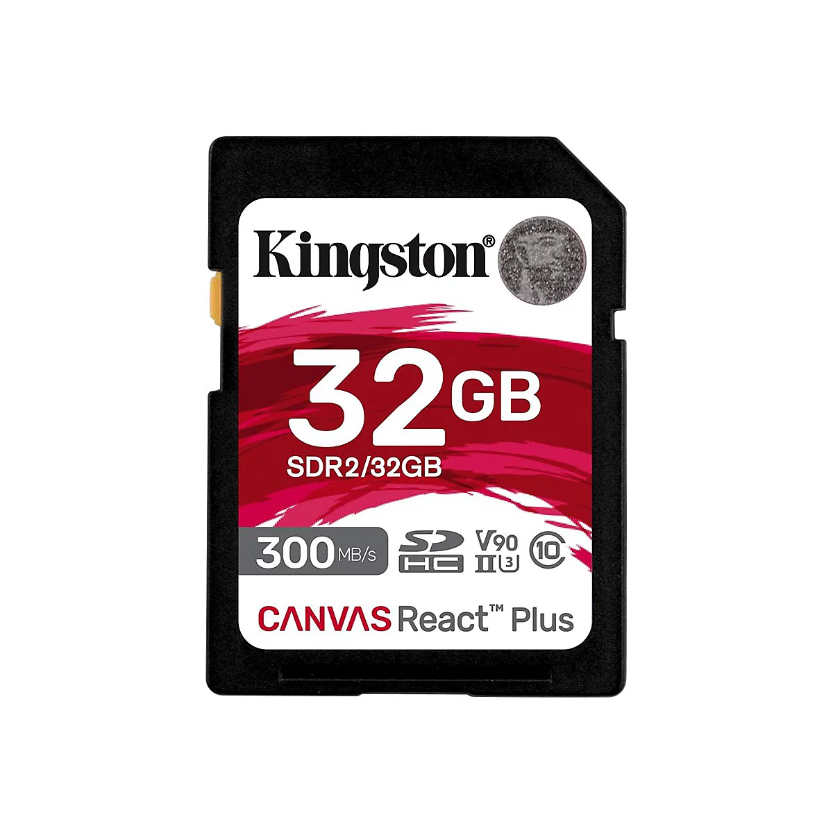 Schwarze Kingston SD-Karte mit 32 GB Speicherkapazität. Aufschrift: CANVAS React Plus.