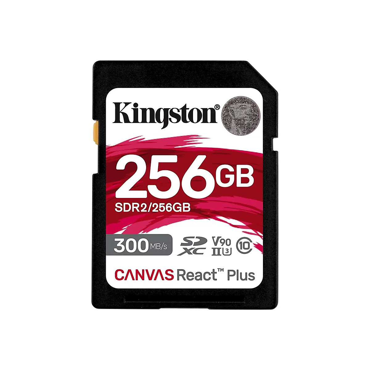 Schwarze Kingston SD-Karte mit 256 GB, rotem Hintergrund und weißen Schriftzügen. Aufschrift: CANVAS React Plus.