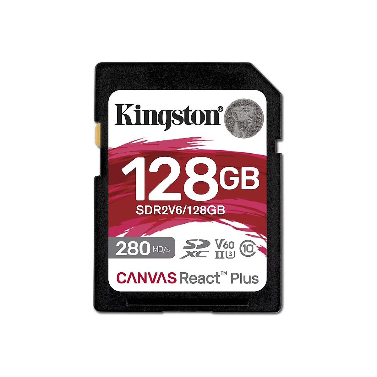 Carte SD Kingston noire avec impression 128 Go. Inscription : Canvas React Plus, 280 Mo/s, SD V60. Sur fond blanc.