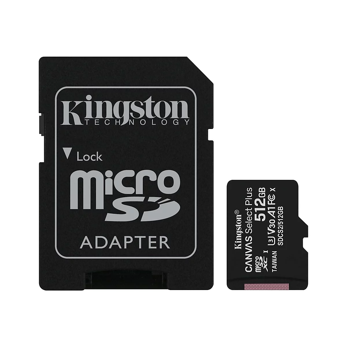 Adaptateur Kingston Micro SD noir avec texte et une petite carte SD. Inscription : 512 Go.