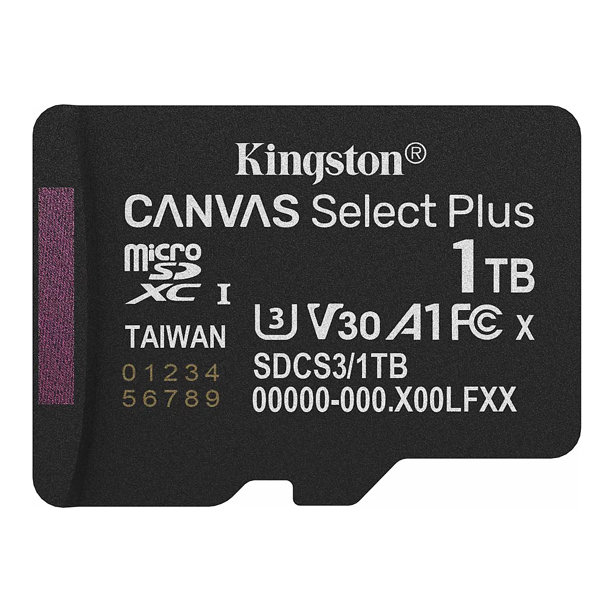 Gros plan sur une carte microSD noire Kingston avec lettrage blanc. Inscription : 1 To, Canvas Select Plus.
