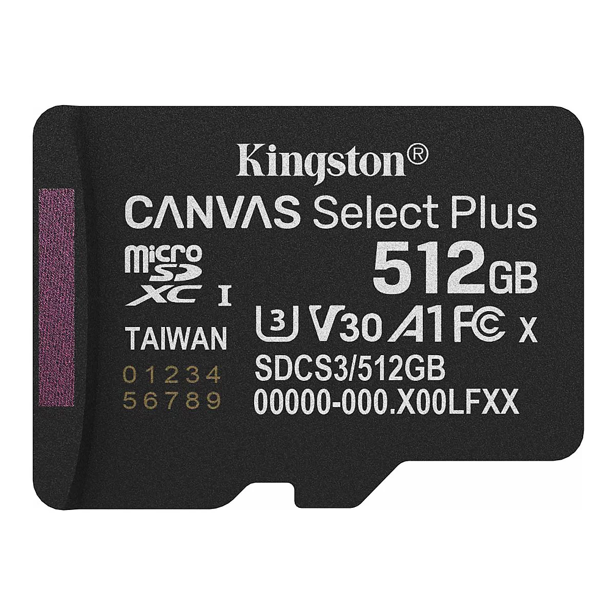 Carte SD noire Kingston, texte: 'CANVAS Select Plus 512 Go' et autres détails techniques.