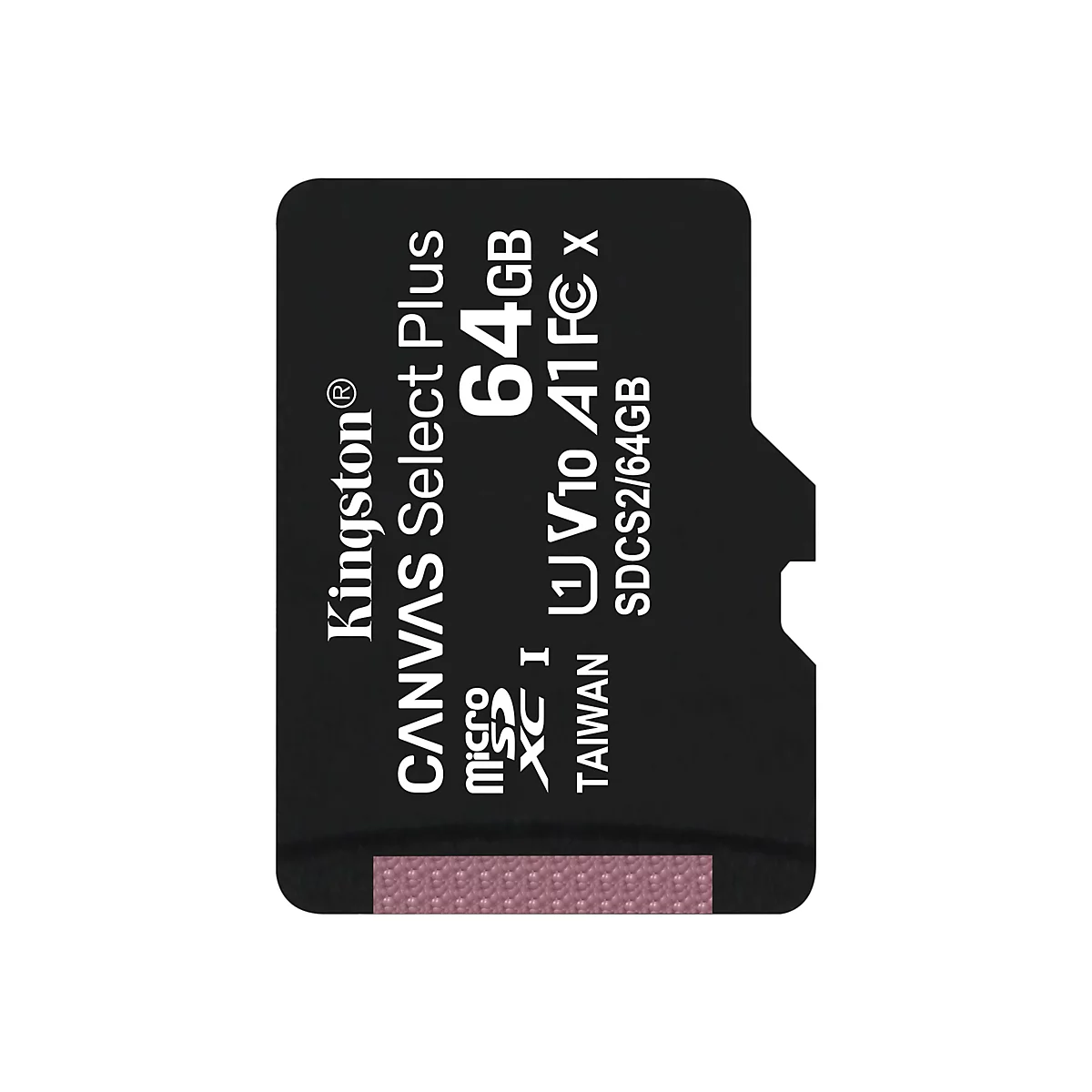 Schwarze Micro-SD-Karte, Kingston, 64 GB. Aufschrift: CANVAS Select Plus, micro SD, XC I, V10 A1, SDCS2/64GB. Text in Weiß.