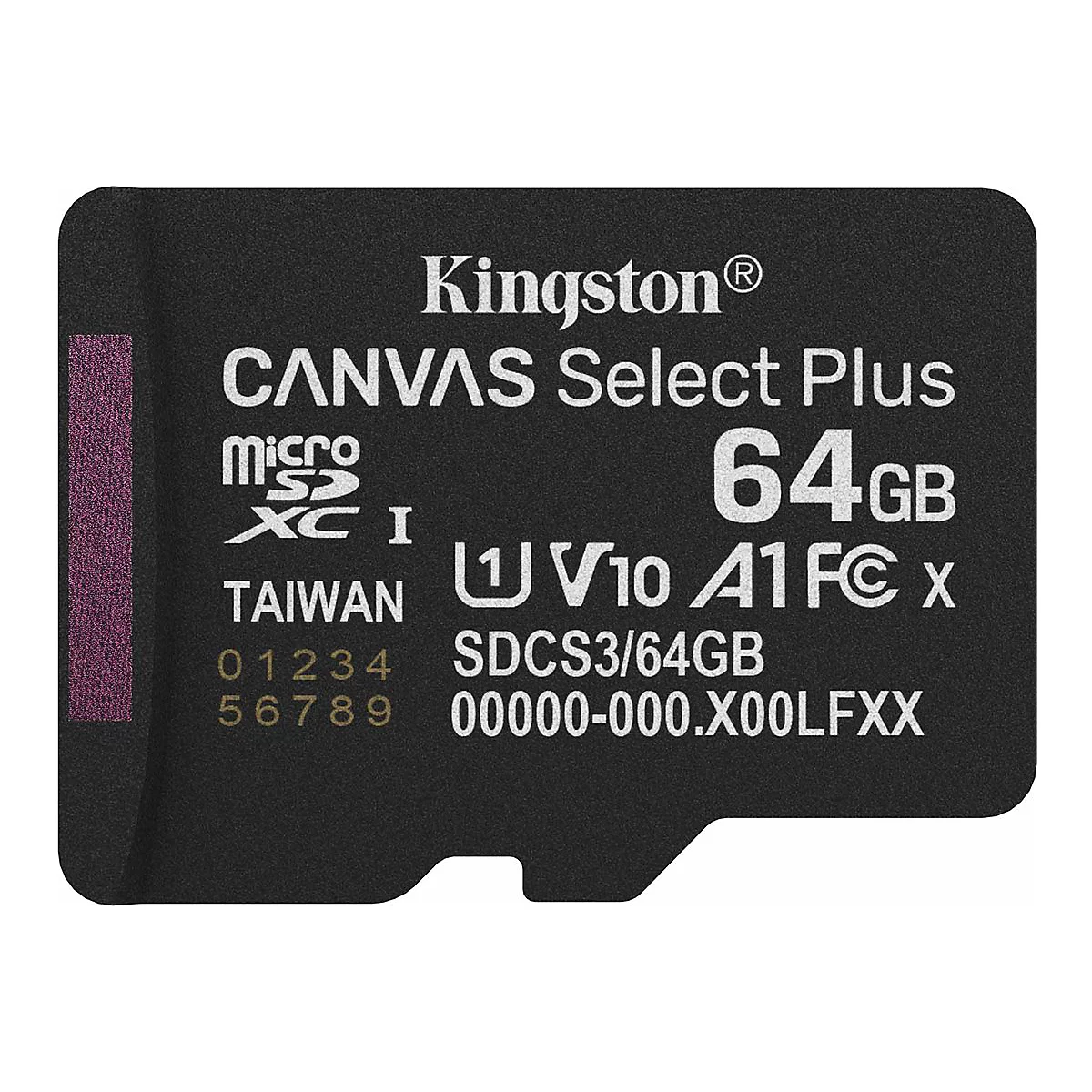 Carte microSD Kingston noire, 64 Go, avec texte blanc. Inscription: Canvas Select Plus.
