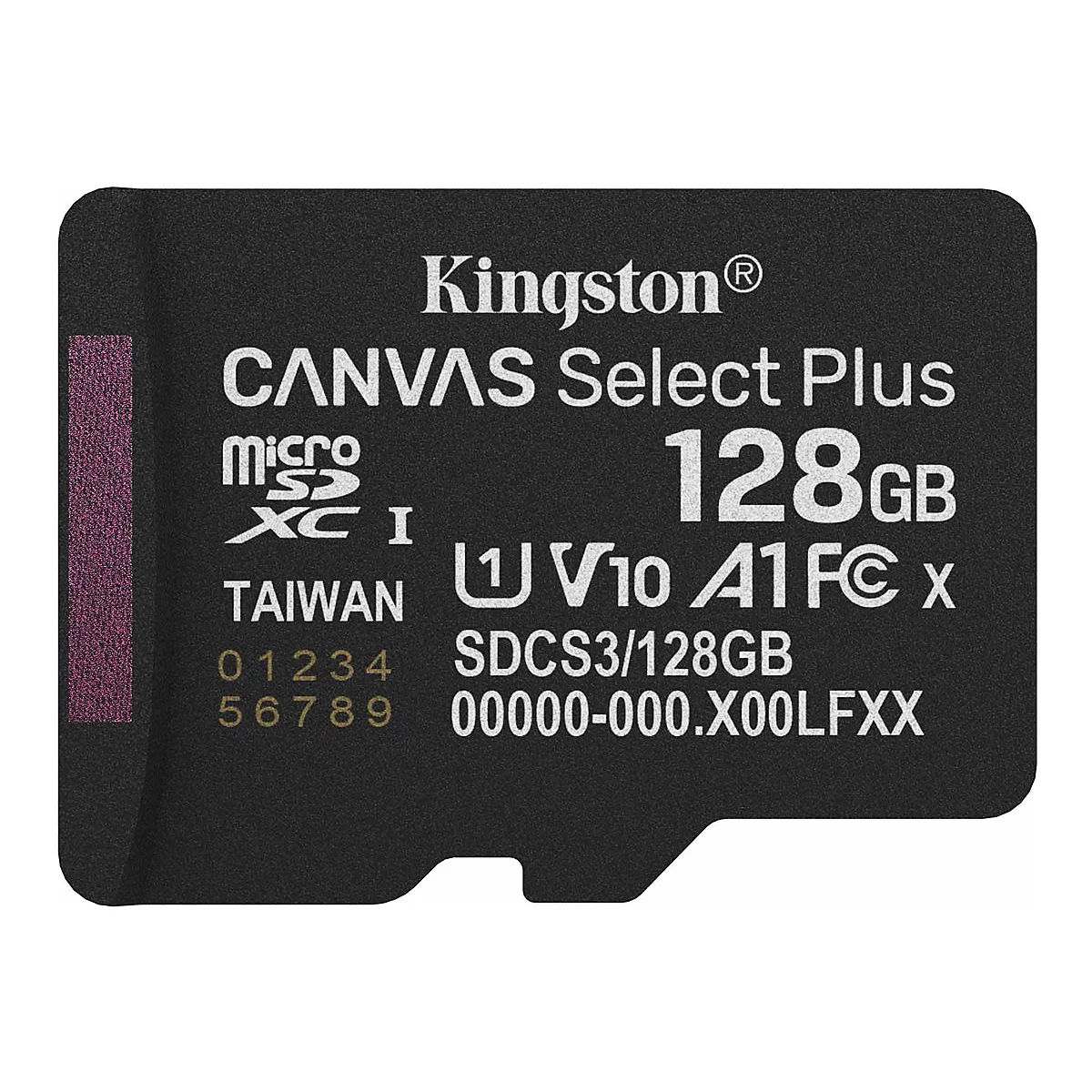 Carte microSD noire Kingston avec texte : Canvas Select Plus, 128 Go, Taiwan.